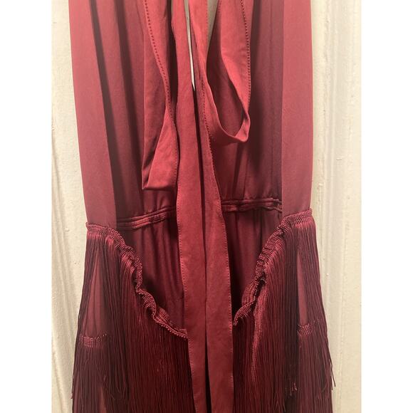 Deep V-Neck Cross Back Fringed Skirt Romper Jumpsuit Burgandy Size L - Picture 12 of 16